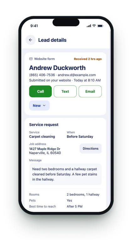 EZlocal app: lead details with call, text and email buttons