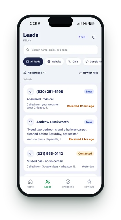 EZlocal app: lead inbox with calls and website forms