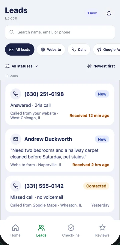 EZlocal app lead inbox with calls and website forms